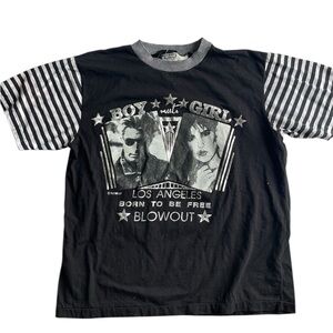 Y2K Graphic Tee Striped Sleeves Emo Pop Punk LA Streetwear Top Layered Look O/S
